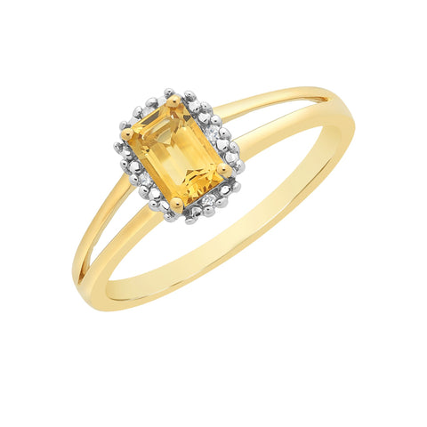 9ct Yellow Gold Emerald Cut Citrine & Diamond Ring