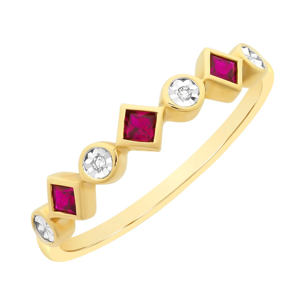 9ct Yellow Gold Created Ruby And Diamond Ring