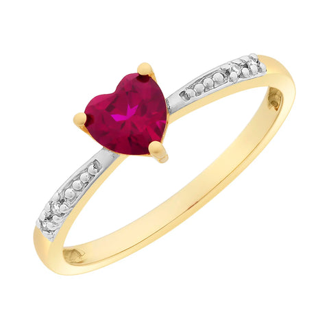 9ct Yellow Gold Created Ruby Heart Ring