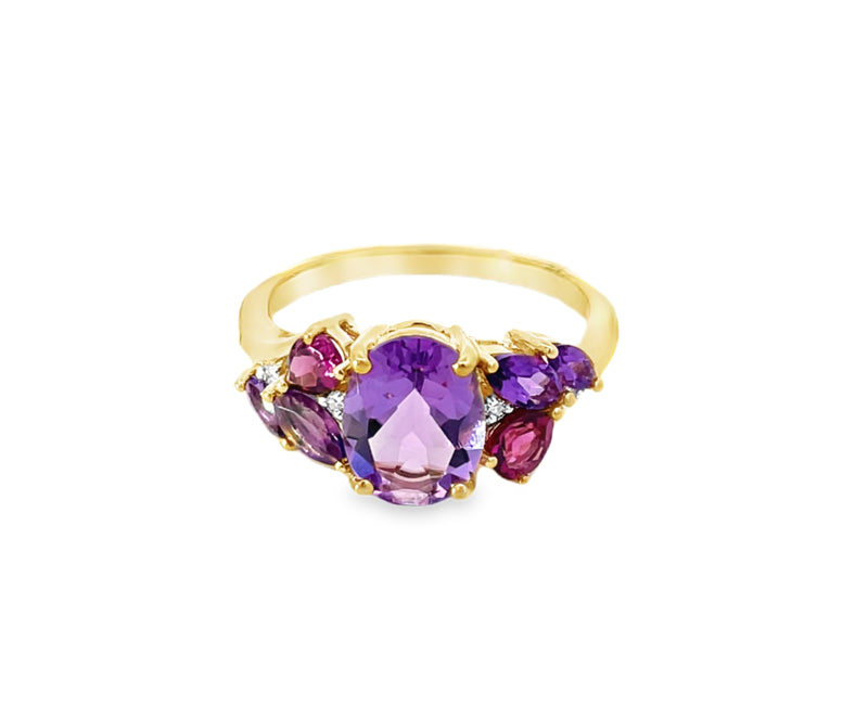 9ct Yellow Gold Amethyst, Rhodolite And Diamond Cluster Ring