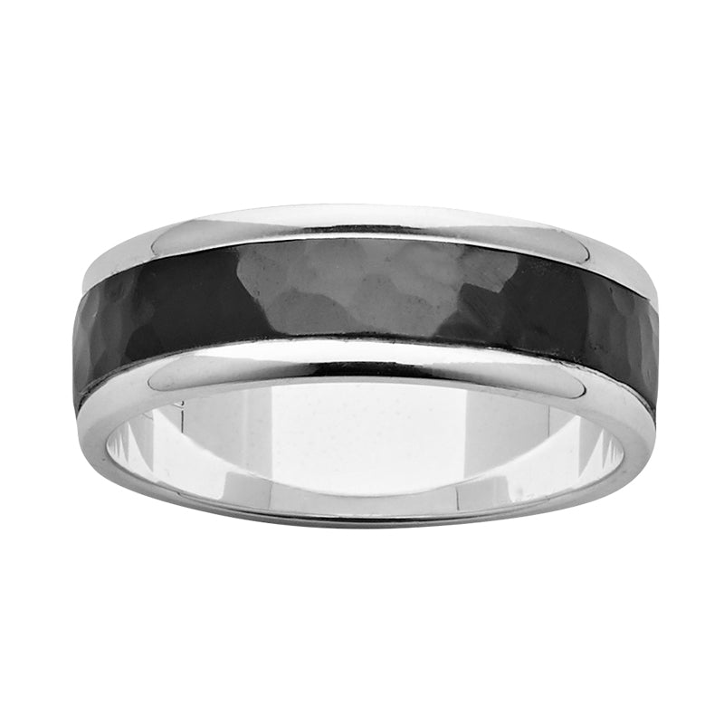 Black Zirconium & Sterling Silver Gents Hammered Wedder