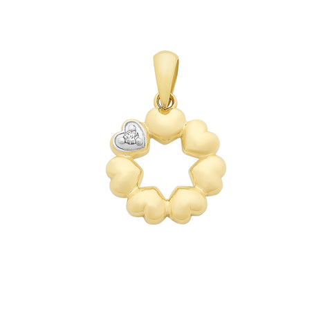 9ct Yellow Gold Diamond Set Circle Of Hearts Pendant