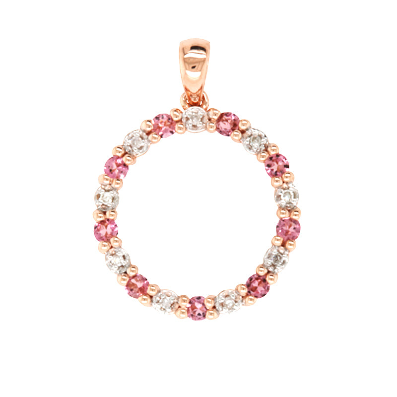 9ct Rose Gold Pink Tourmaline And Diamond Circle Pendant