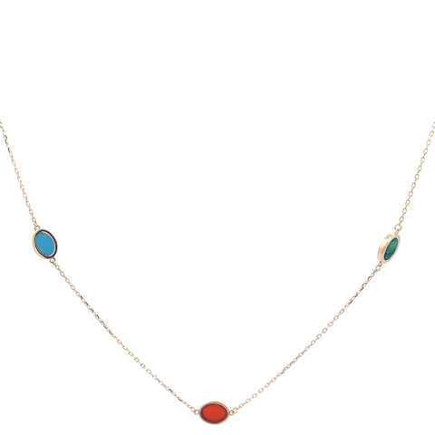 9ct Yellow Gold Oval Trace Chain Necklet With Malachite, Carnelian & Turquoise
