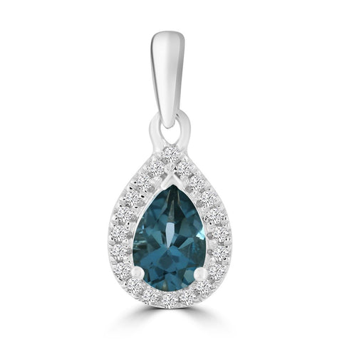 9ct White Gold Diamond And Pear Blue Topaz Pendant