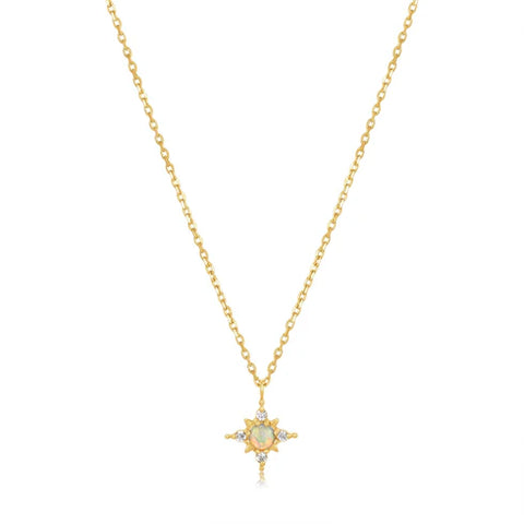 14ct Yellow Gold Opal And White Sapphire Star Pendant On A 14ct Chain