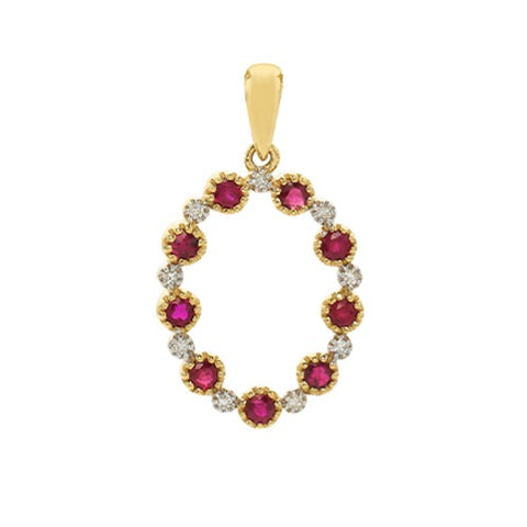 9ct Yellow Gold Ruby And Diamond Oval Pendant