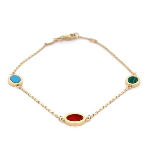 9ct Yellow Gold Oval Trace Chain Bracelet With Malachite, Carnelian & Turquoise