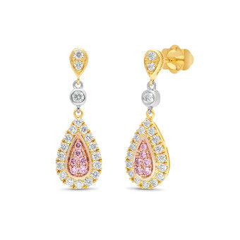 9ct Yellow, White And Rose Gold Pink Caviar Drop Earrings
