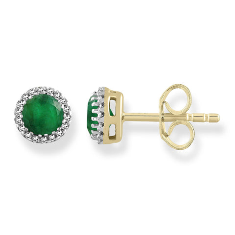 9ct Yellow Gold Diamond And Emerald Stud Earrings