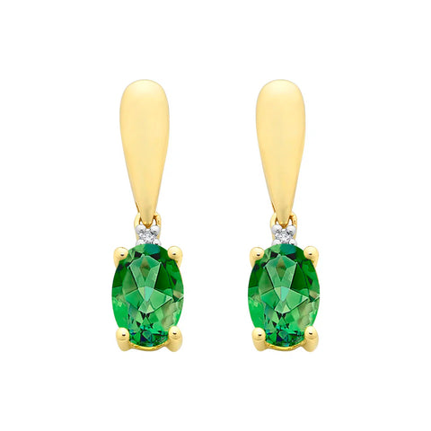 9ct Yellow Gold Diamond & Created Emerald Earrings