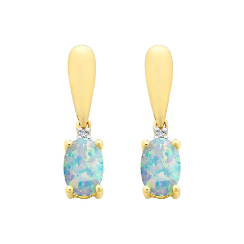 9ct Yellow Gold Diamond & Created Opal Earrings