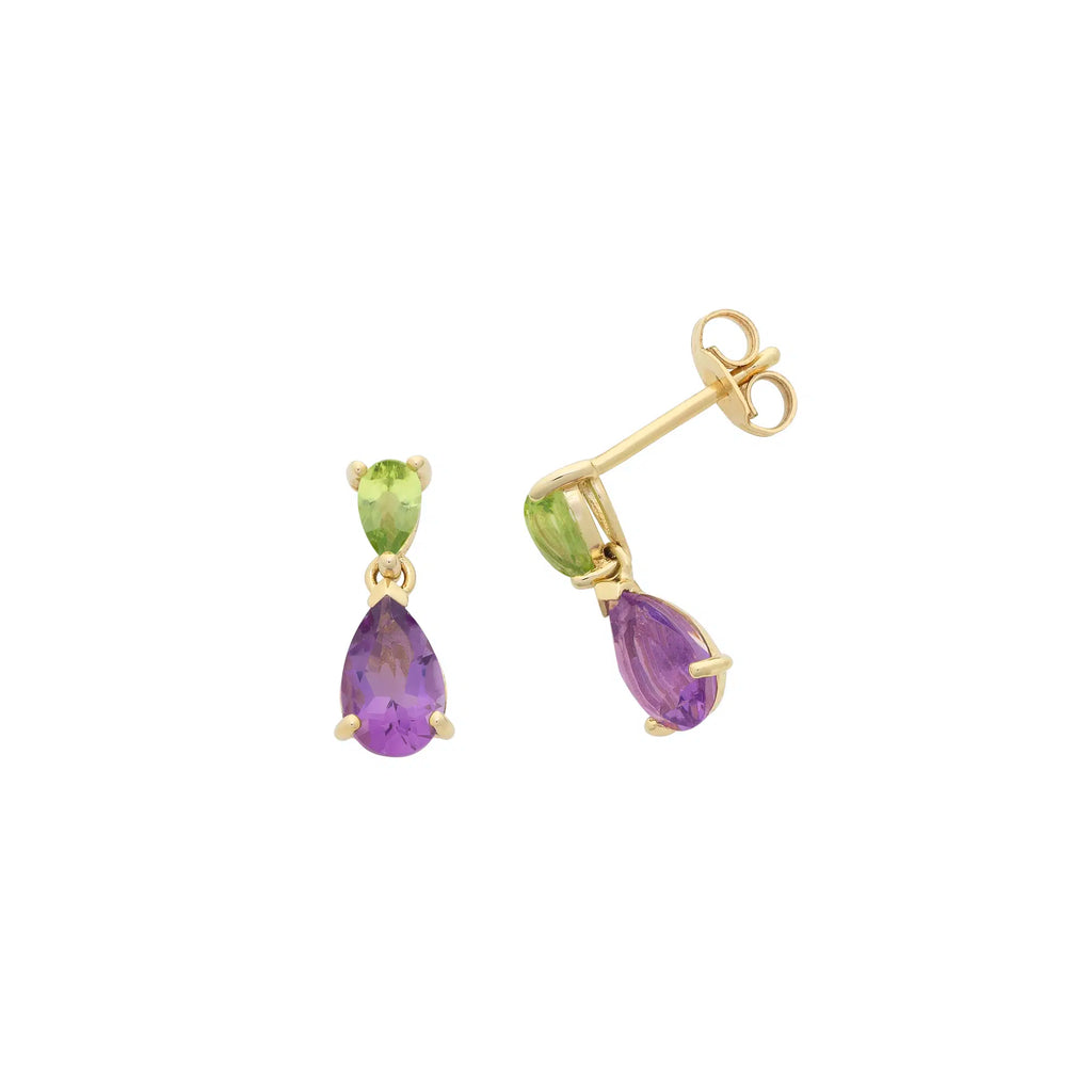 9ct Yellow Gold Peridot & Amethyst Stud Earrings