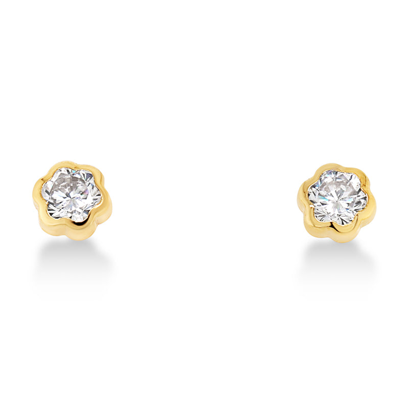 9ct Yellow Gold Bezel Set Cubic Zirconia Flower Stud Earrings