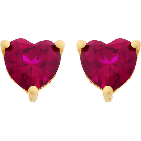 9ct Yellow Gold Heart Shaped Created Ruby Stud Earrings
