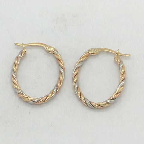 9ct Gold 3 Tone Oval Twist Hoop Earrings