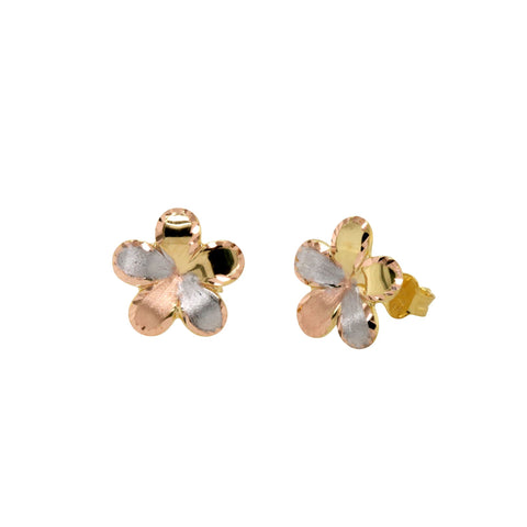 9ct Tri-Tone Gold Frosted And Shiny Frangipani Flower Stud Earrings