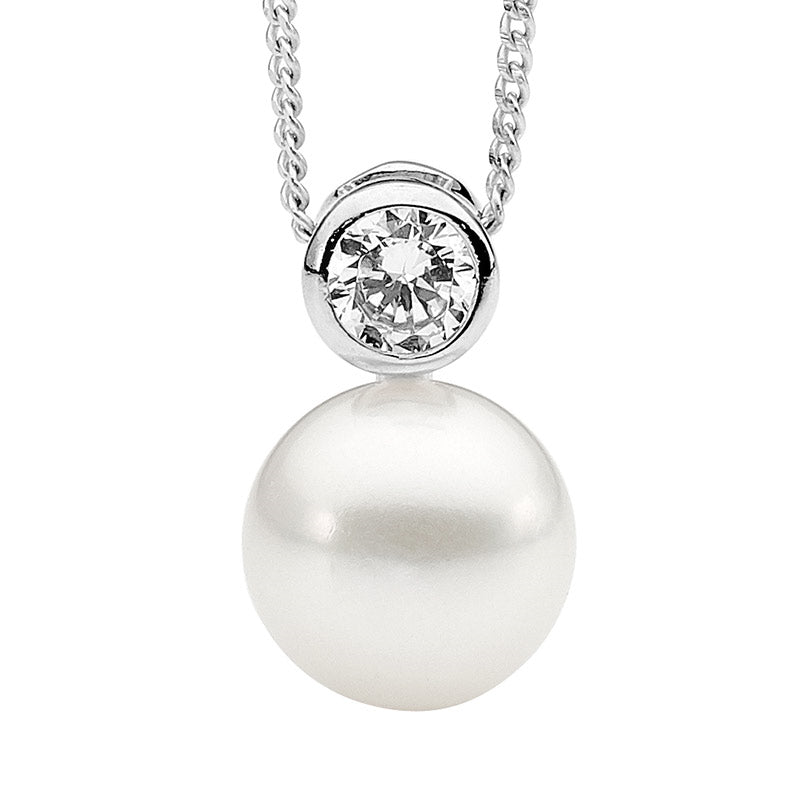 Sterling Silver Freshwater Pearl With Cubic Zirconia Pendant On A Chain