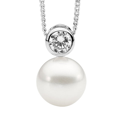 Sterling Silver Freshwater Pearl With Cubic Zirconia Pendant On A Chain
