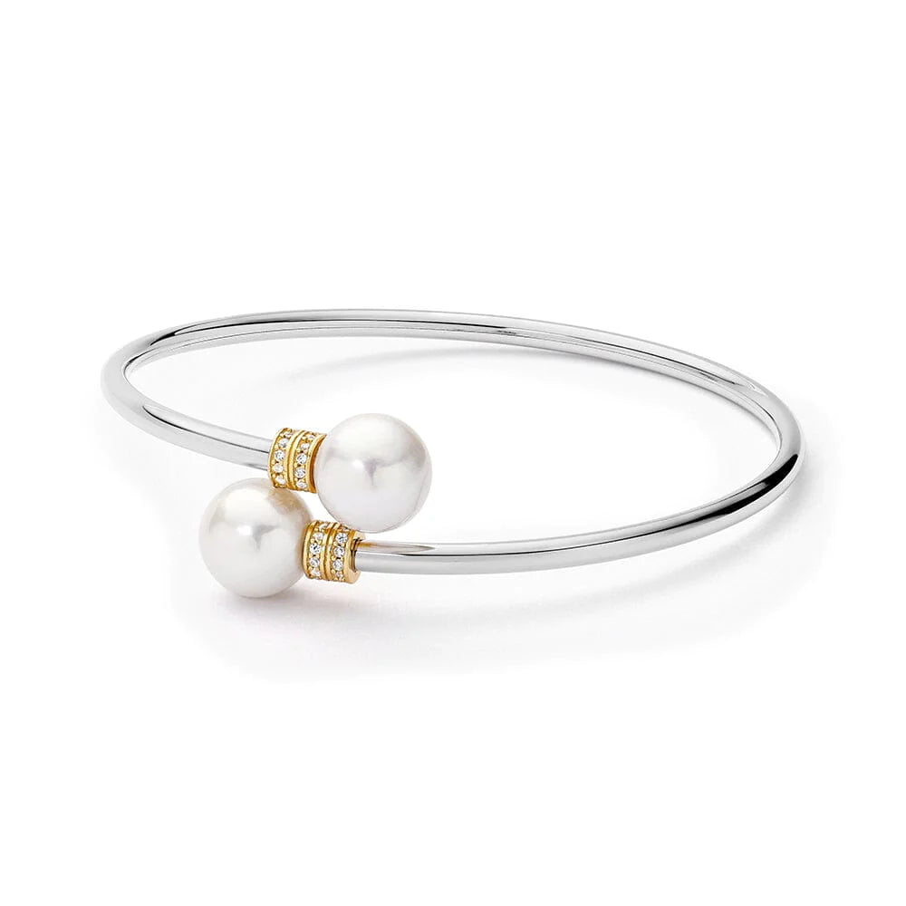 Sterling Silver Yellow Gold Plated Edison Pearl And Cubic Zirconia Bangle