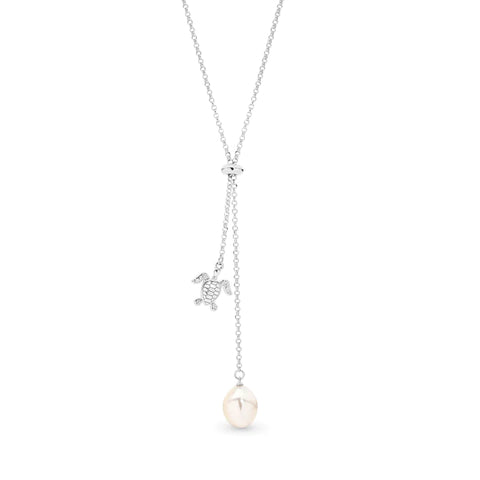 Sterling Silver White Freshwater Pearl Necklet With Turtle Charm