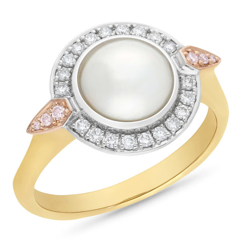 9ct Multi Coloured Gold and Mabe Pearl and Diamond Ring