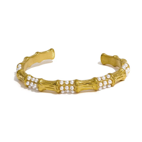 Stainless Steel Gold Plated Textured And Pearl Cuff Bangle