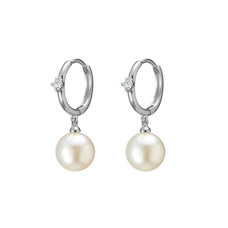 Sterling Silver Cubic Zirconia Detailed Hoop With Pearl Drop