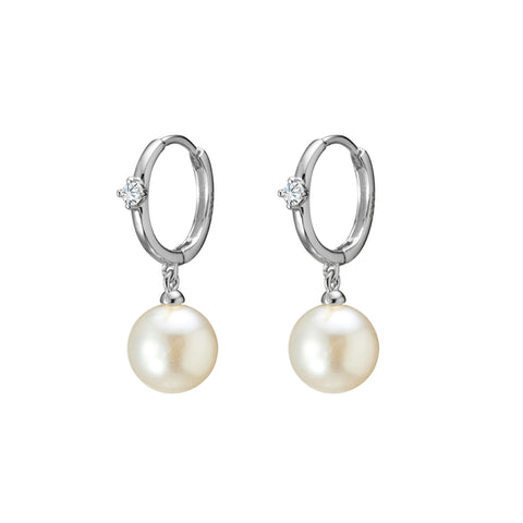 Sterling Silver Cubic Zirconia Detailed Hoop With Pearl Drop