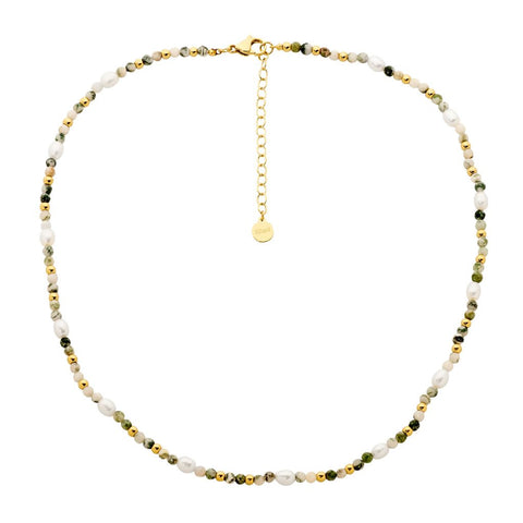 Stainless Steel Gold Plated Agate Beads And Freshwater Pearl Necklace