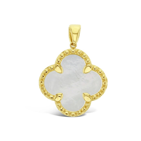 9ct Yellow Gold Mother Of Pearl Flower Pendant With Beaded Border