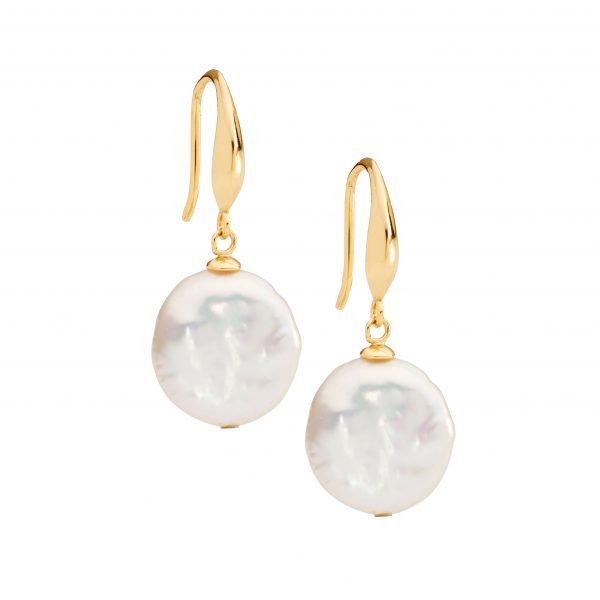 Sterling Silver Gold Plated Freshwater Coin Pearl Earrings On Shepherd Hooks