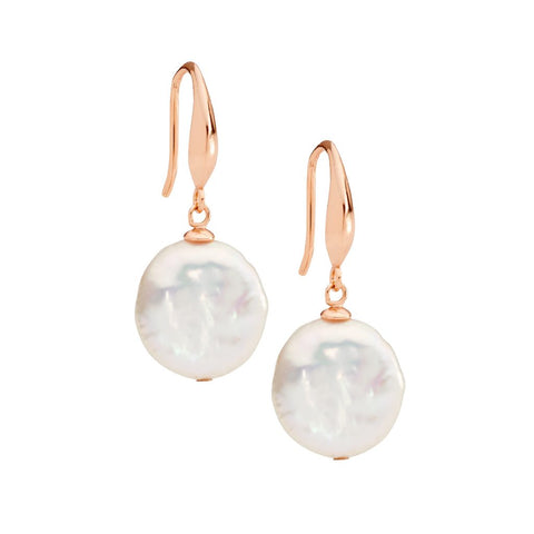 Sterling Silver Rose Gold Plated Freshwater Coin Pearl Earrings On Shepherd Hooks