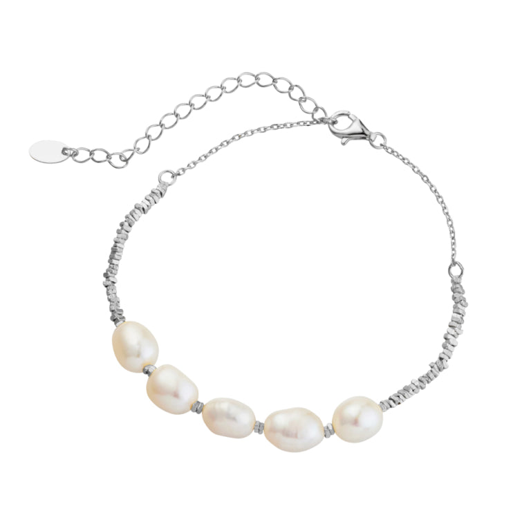 Sterling Silver Beaded Bracelet With 5 Freshwater Pearls