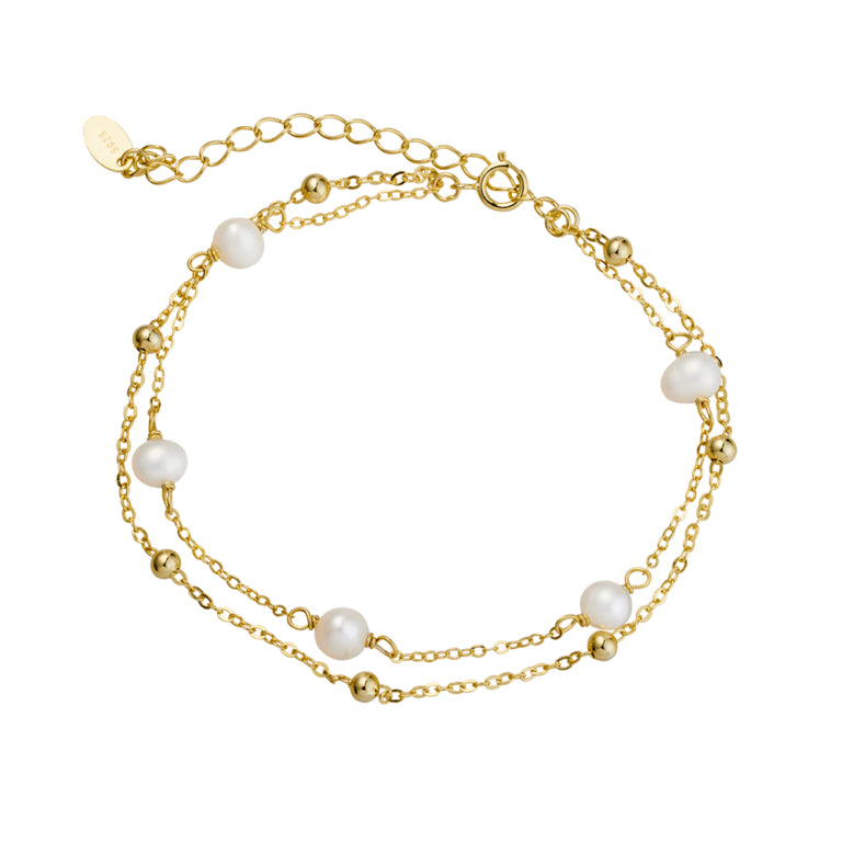 Sterling Silver Gold Plated Double Bracelet With Balls And Pearls