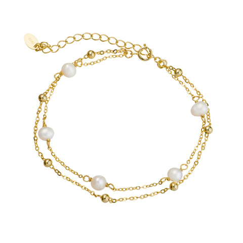 Sterling Silver Gold Plated Double Bracelet With Balls And Pearls