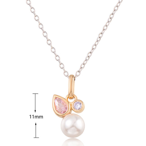 Sterling Silver Gold Plated Pink And Clear Cubic Zirconia Pendant With Fresh Water Pearl