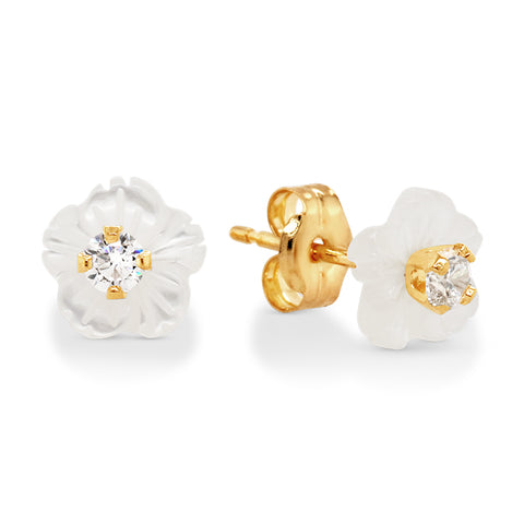 9ct Yellow Gold Mother Of Pearl Cubic Zirconia Flower Studs