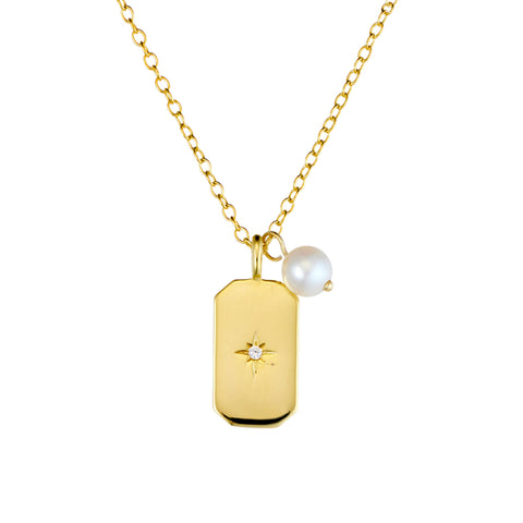 Sterling Silver Gold Plated Necklace With Rectangle Pendant And Pearl