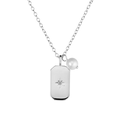 Sterling Silver Necklace With Rectangle Pendant And Pearl