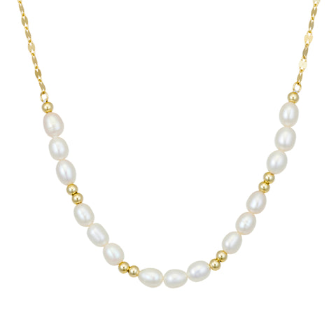 Sterling Silver Gold Plated Pearl Necklace With Beads On A Laser Cut Chain