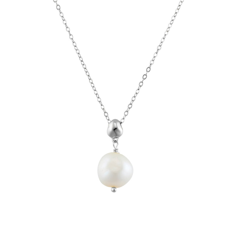 Sterling Silver Trace Chain Necklace Featuring Single Drop Pearl