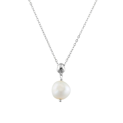 Sterling Silver Trace Chain Necklace Featuring Single Drop Pearl