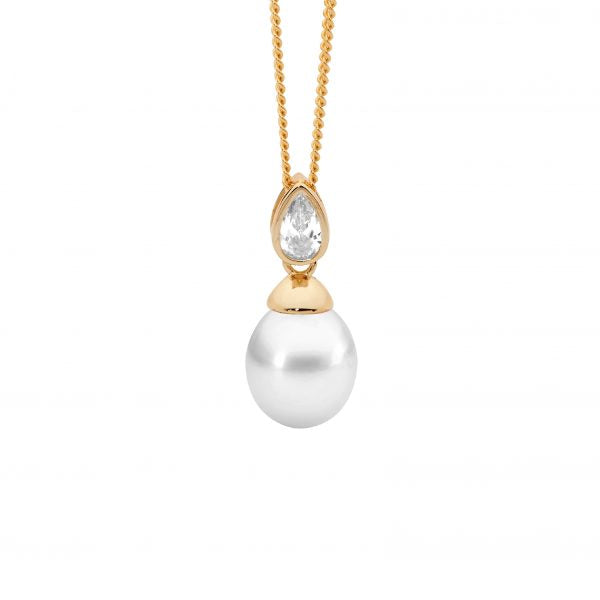 Sterling Silver Gold Plated Freshwater Pearl Pendant With Bezel Set Pear Cubic Zirconia