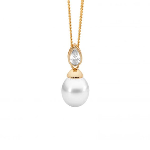 Sterling Silver Gold Plated Freshwater Pearl Pendant With Bezel Set Pear Cubic Zirconia