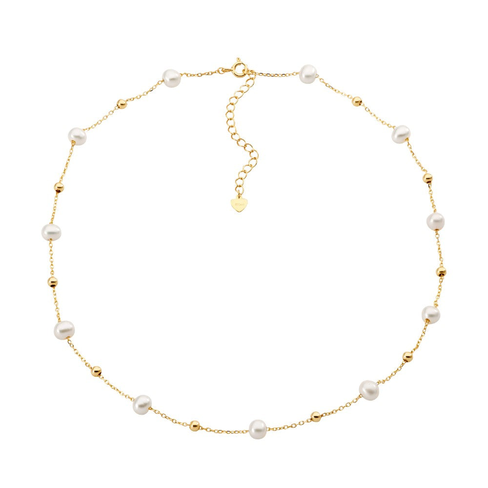 Sterling Silver Gold Plated Freshwater Pearl And Ball Necklace