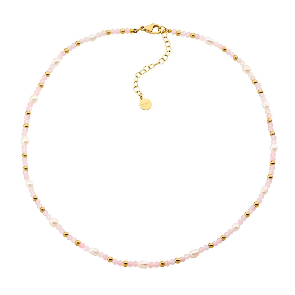 Stainless Steel Gold Plated Rose Quartz And Pearl Necklace
