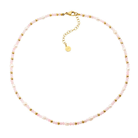 Stainless Steel Gold Plated Rose Quartz And Pearl Necklace