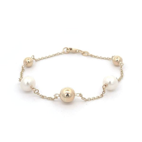 9ct Yellow Gold Pearl And Balls On A Trace Chain Bracelet
