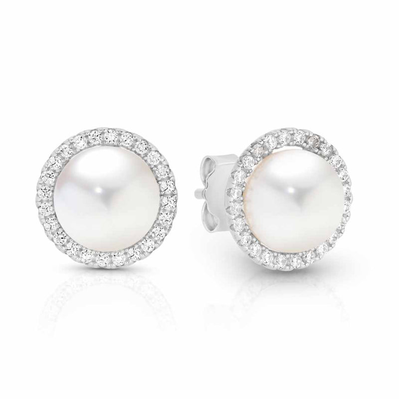 Sterling Silver Button Freshwater Pearl CZ Halo Studs